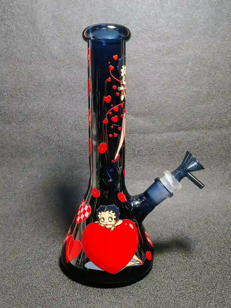 10" Betty Boop Red Dress Heart Lips Vintage Black Glass Bong