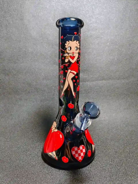 10" Betty Boop Red Dress Heart Lips Vintage Black Glass Bong