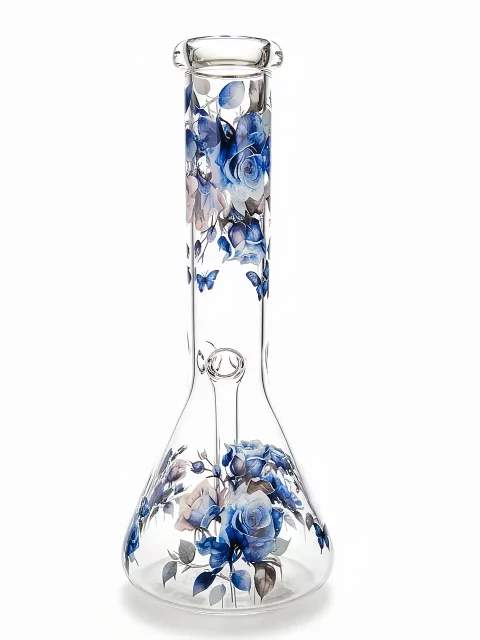 10″ Blue Rose & Butterfly Beaker Glass Bong 10" Blue Rose & Butterfly Beaker Glass Bong