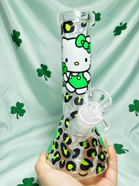 10″ Hello Kitty Green Leopard Beaker Glass Bong 10" Hello Kitty Green Leopard Beaker Glass Bong