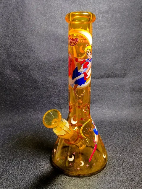 10" Sailor Moon Usagi Golden Crescent Moon Stars Amber Gold Beaker Glass Bong