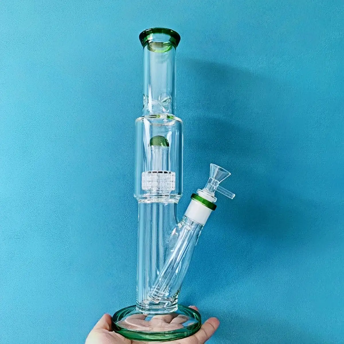 13″ Straight Tube Glass Bong Matrix Perc | Green Accent - Smoke Meg