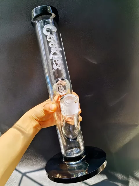 13" Cookies Glass Straight Tube Bong | Black & Clear