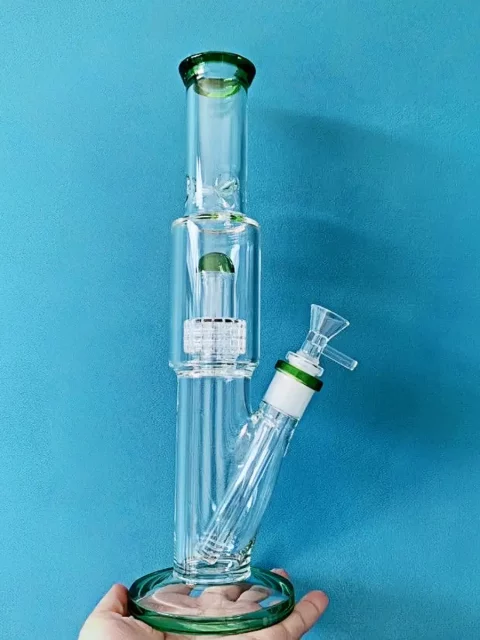 13″ Straight Tube Glass Bong Matrix Perc | Green Accent