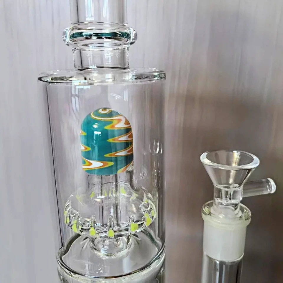 13″ Teal Straight Tube Bong with Inline & Disc Percs