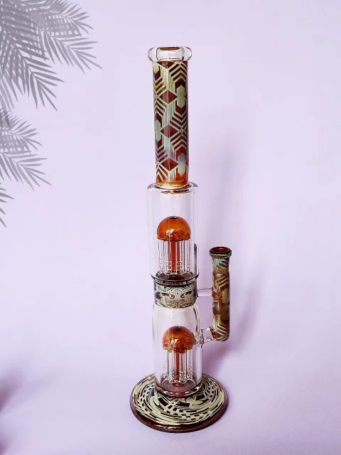 14.5" Dual-Tree Perc Bong with Amber Glass | Fumed Silver