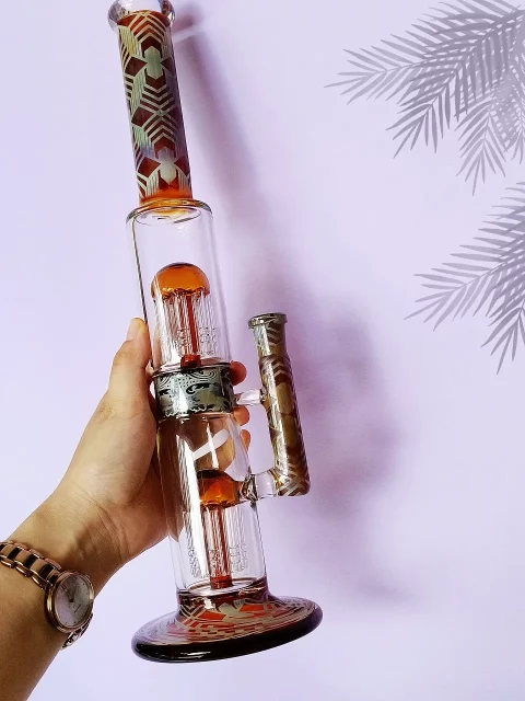 14.5" Dual-Tree Perc Bong with Amber Glass | Fumed Silver