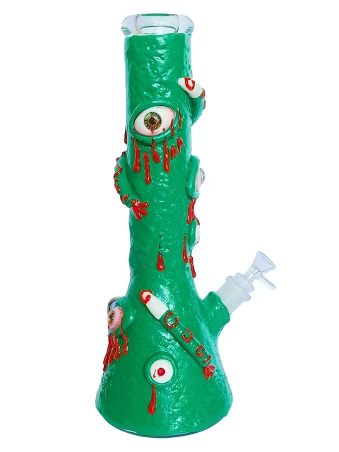 14" 9mm 3D Monster Glass Bong | Green All-Seeing Eyes