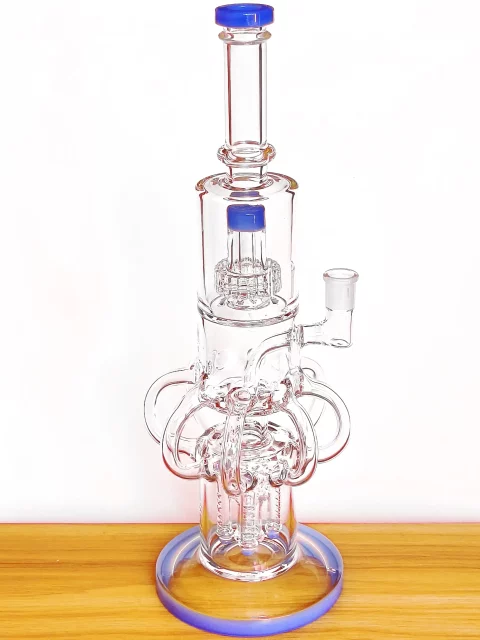 15" Triple Perc Recycler Glass Bong | Blue Accents