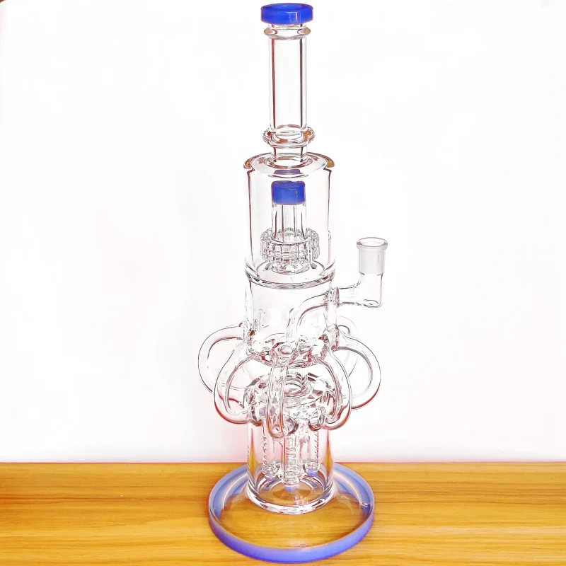 15" Triple Perc Recycler Glass Bong | Blue Accents