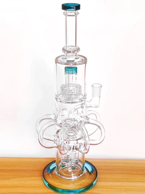 15" Triple Perc Recycler Glass Bong | Lake Green Accents