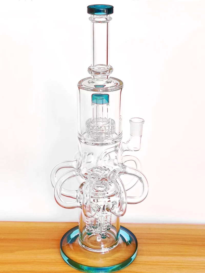 15" Triple Perc Recycler Glass Bong | Lake Green Accents