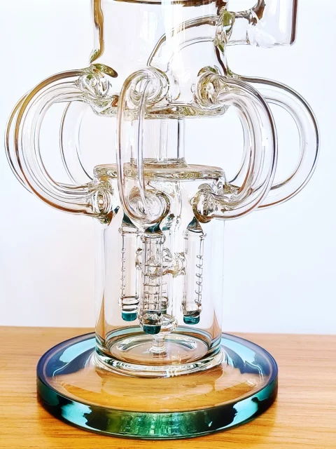 15" Triple Perc Recycler Glass Bong | Lake Green Accents - Pillar Perc