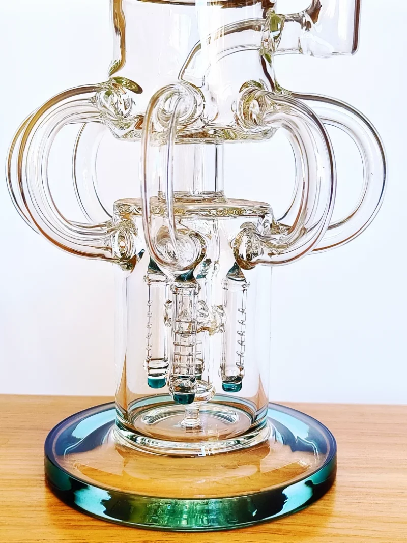 15" Triple Perc Recycler Glass Bong | Lake Green Accents - Pillar Perc