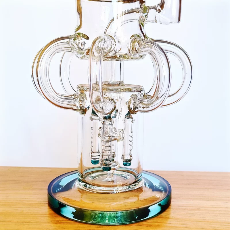 15" Triple Perc Recycler Glass Bong | Lake Green Accents - Pillar Perc