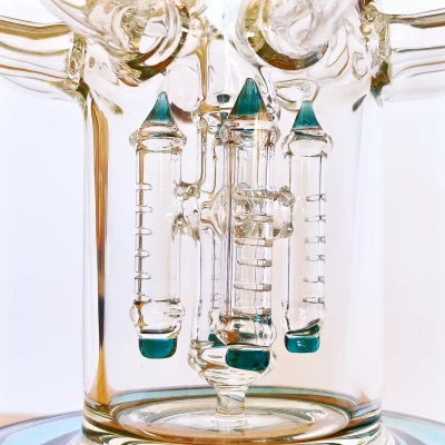 15" Triple Perc Recycler Glass Bong | Lake Green Accents - Pillar Perc