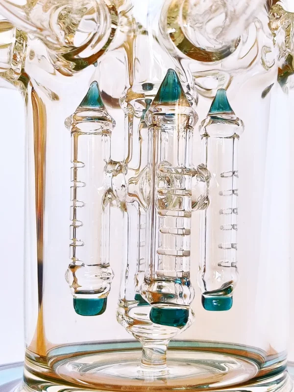 15" Triple Perc Recycler Glass Bong | Lake Green Accents - Pillar Perc