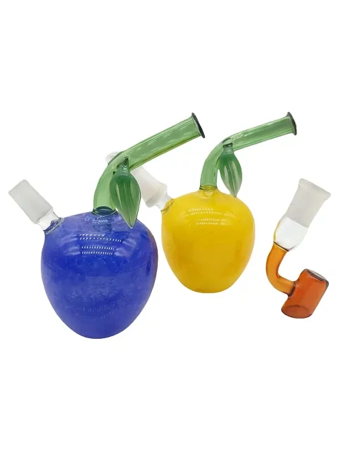 4.7" Playful Apple Design Glass Bubbler | Blue & Yellow