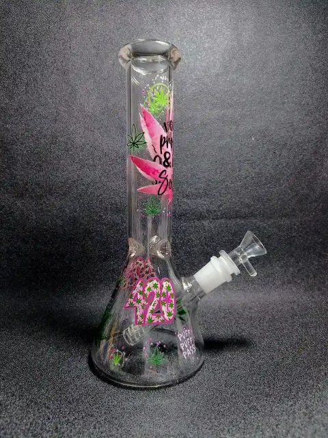 10″ 420 Solutions Pink Green Beaker Glass Bong 10" 420 Solutions Pink Green Beaker Glass Bong