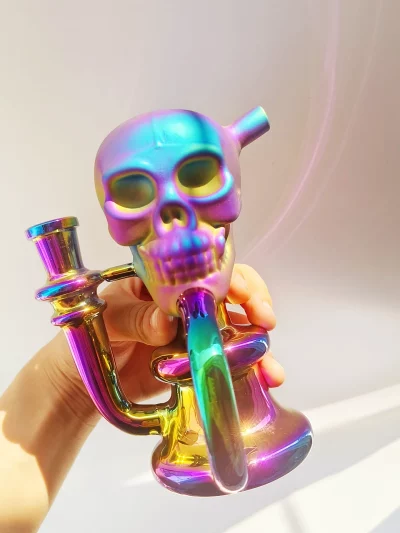 6.5" Iridescent Skull Glass Bong | Recycler Dab Rig