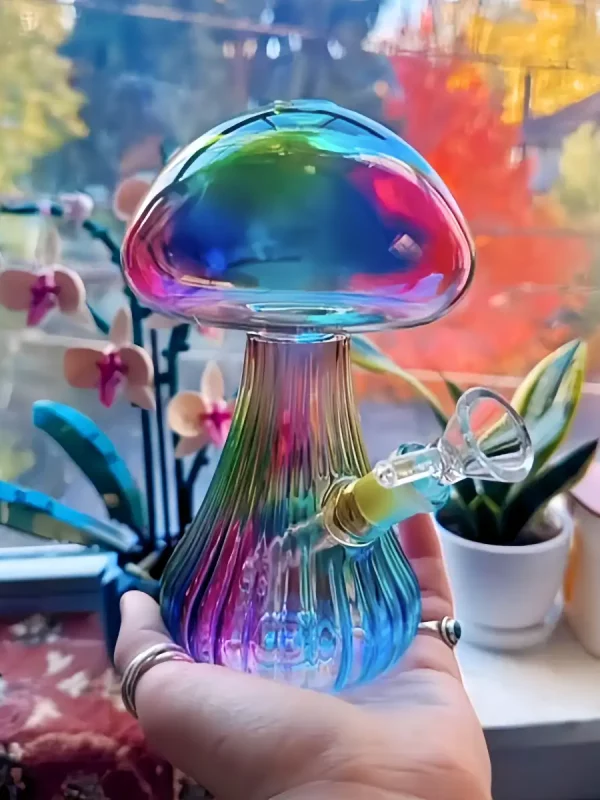 6″ Iridescent Mushroom-Shaped Glass Bong