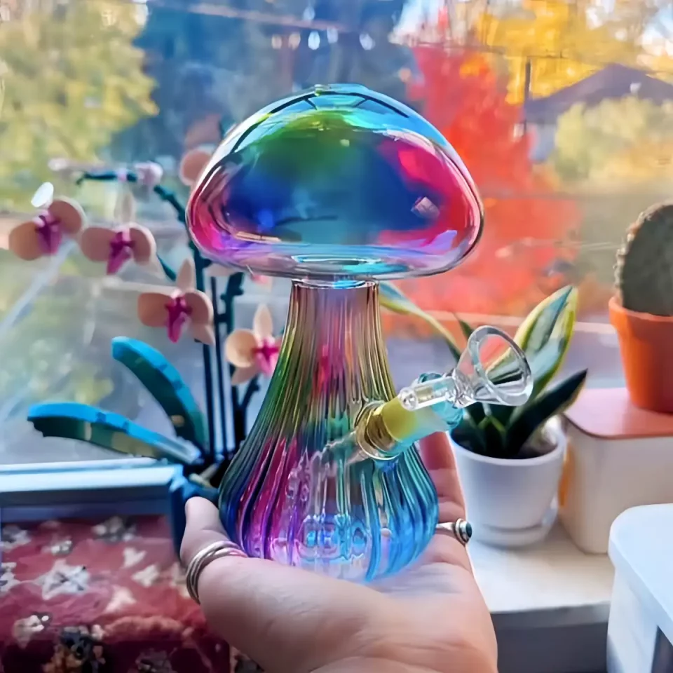 6″ Iridescent Mushroom-Shaped Glass Bong