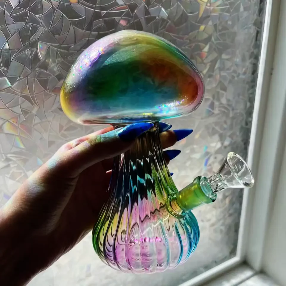 6″ Iridescent Mushroom-Shaped Glass Bong