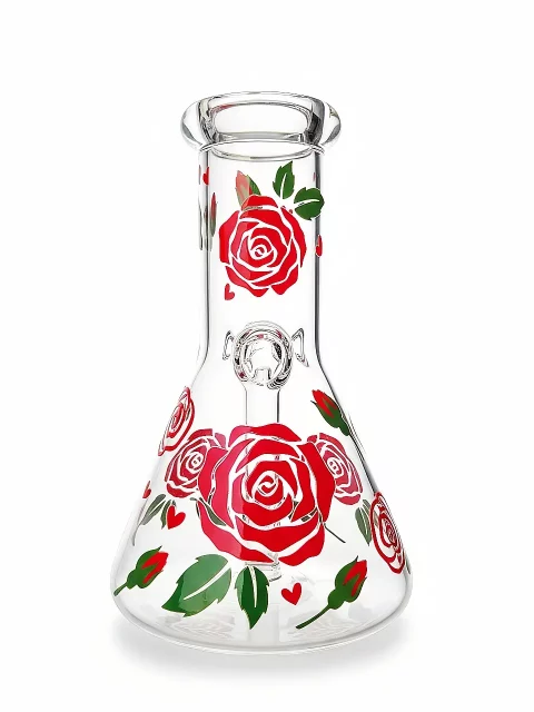 8″ 5mm Crimson Whisper Rose Beaker Glass Bong 8" 5mm Crimson Whisper Rose Beaker Glass Bong