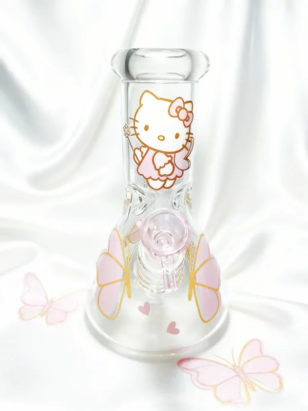 8" 5mm Pink Butterfly Hello Kitty Beaker Glass Bong