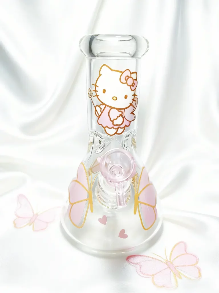 8" 5mm Pink Butterfly Hello Kitty Beaker Glass Bong