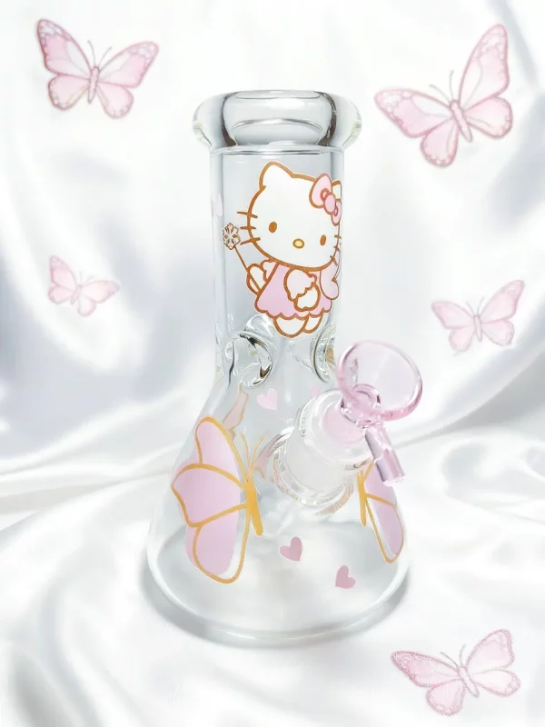 8" 5mm Pink Butterfly Hello Kitty Beaker Glass Bong
