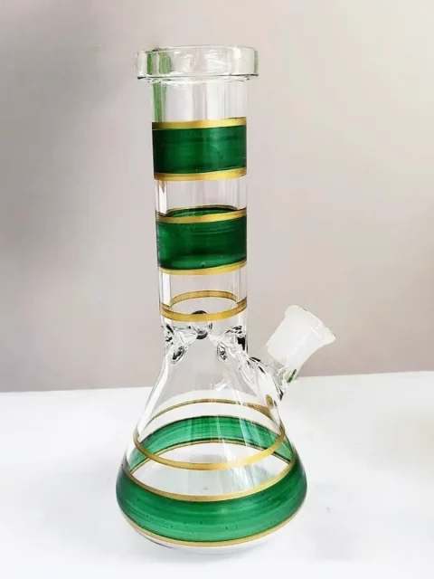 8" Glass Beaker Bong with Green & Gold Stripes