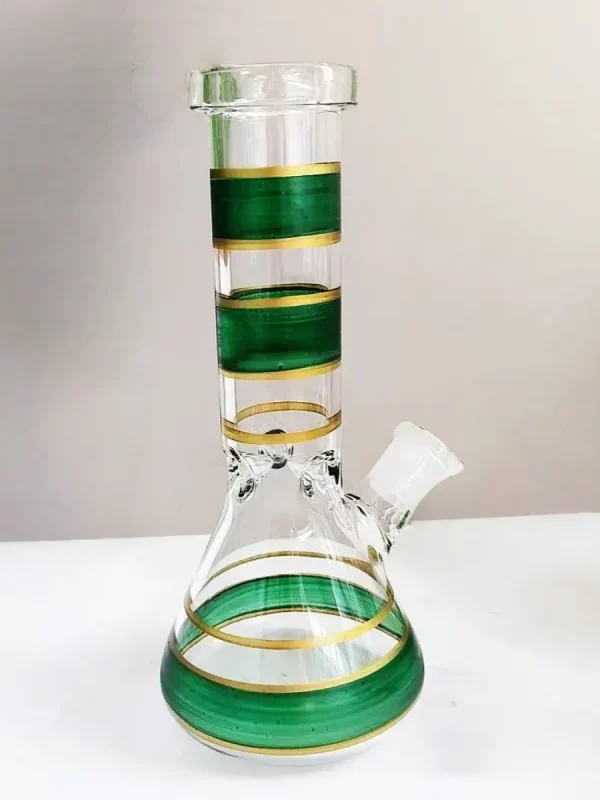 8" Glass Beaker Bong with Green & Gold Stripes