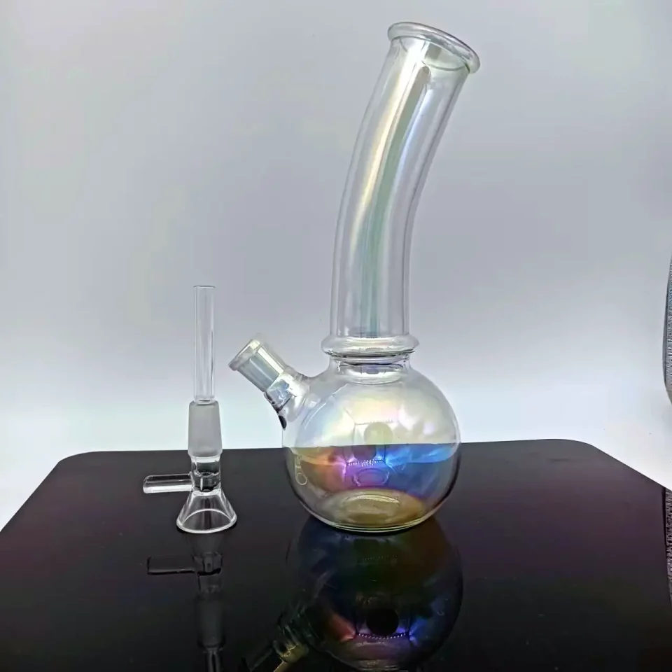 8" Iridescent Bent Neck Bubble Base Bong