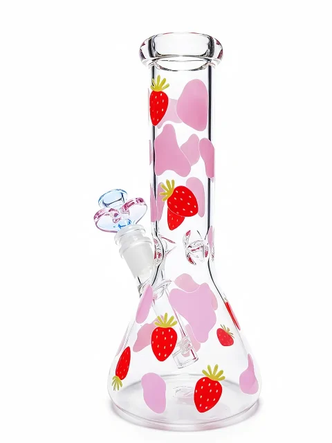 8″ Strawberry Cow Print Beaker Glass Bong 8" Strawberry Cow Print Beaker Glass Bong