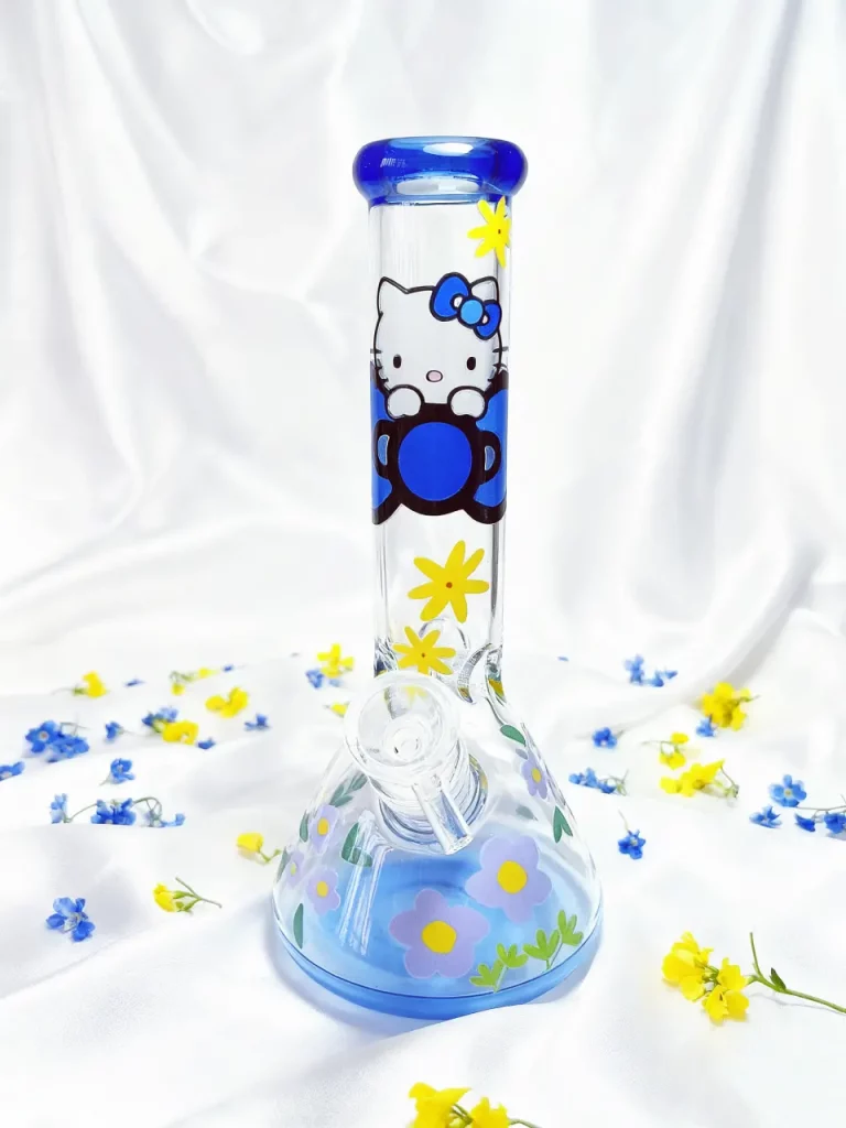 9.5" Fresh Blue Floral Hello Kitty Beaker Glass Bong