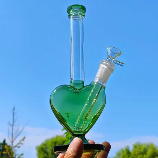 9.5 inch green heart shaped glass bong front side view