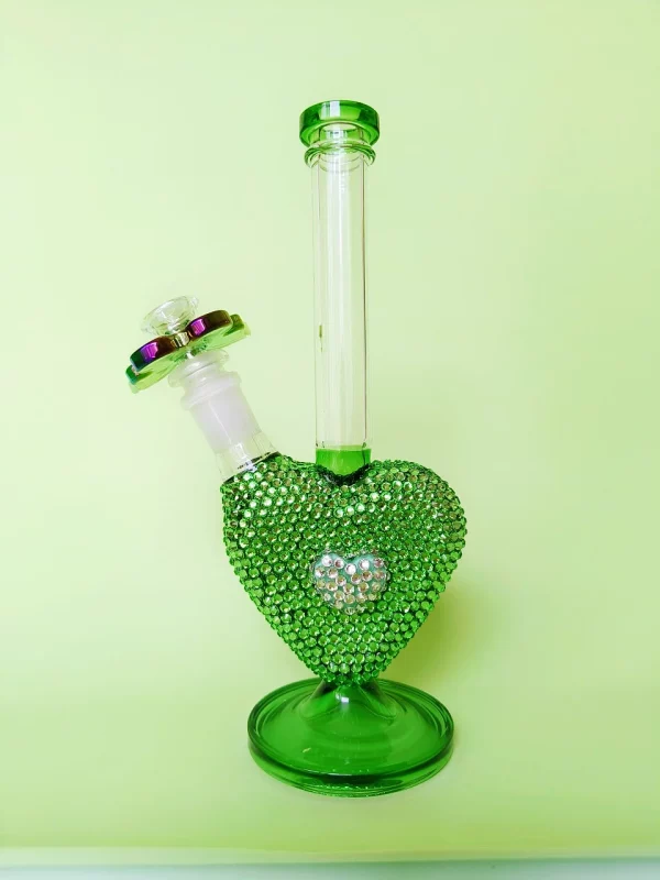 9.5″ Bling Green Heart Glass Bong with Sparkling Crystal Rhinestones