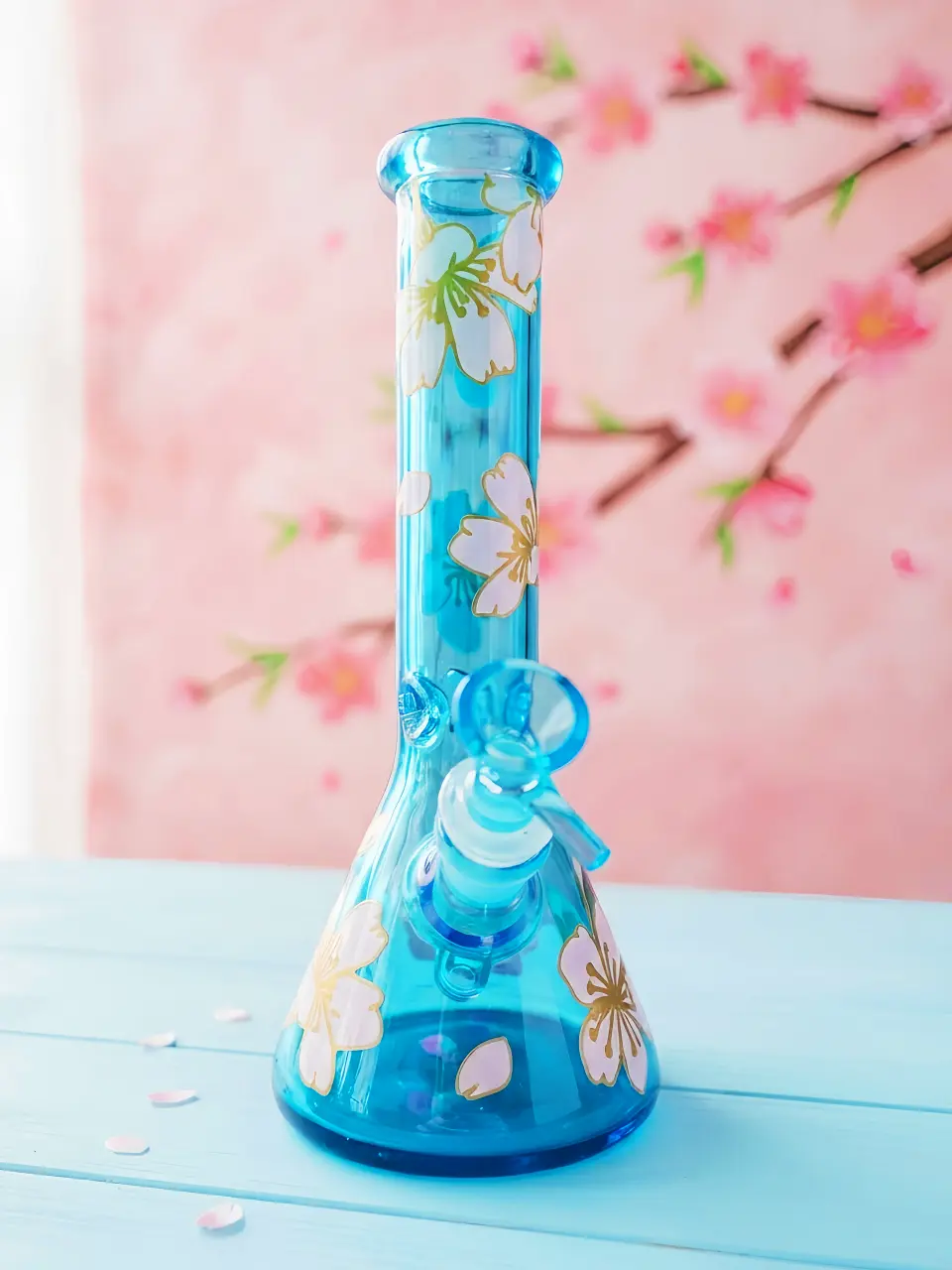 10" Peach Blossom Bloom Blue Beaker Glass Bong - Image 5