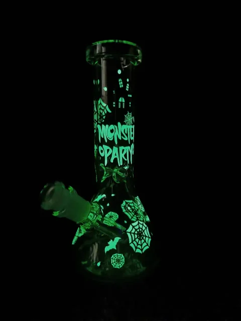 Monster Mash Gothic Spider Castle Glow Beaker Glass Bong-GLOW Monster Mash Gothic Spider Castle Glow Beaker Glass Bong