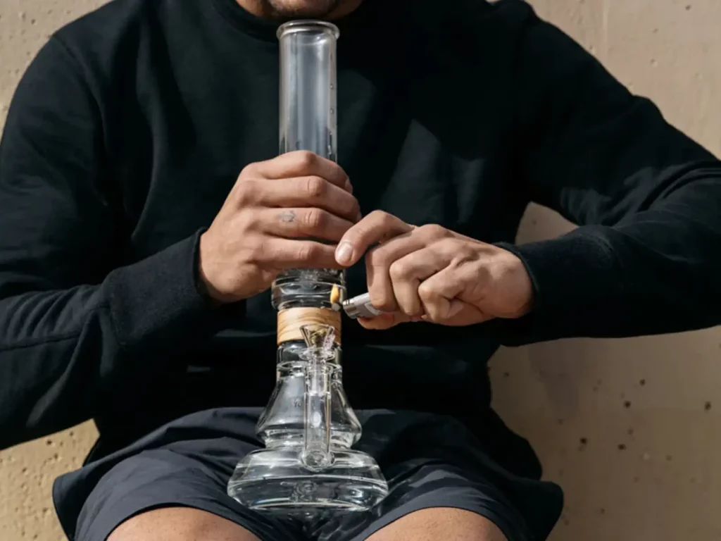 Gently rock the stuck downstem back and forth to loosen it, using smooth, controlled movements, just like when lighting a cigarette in the image.