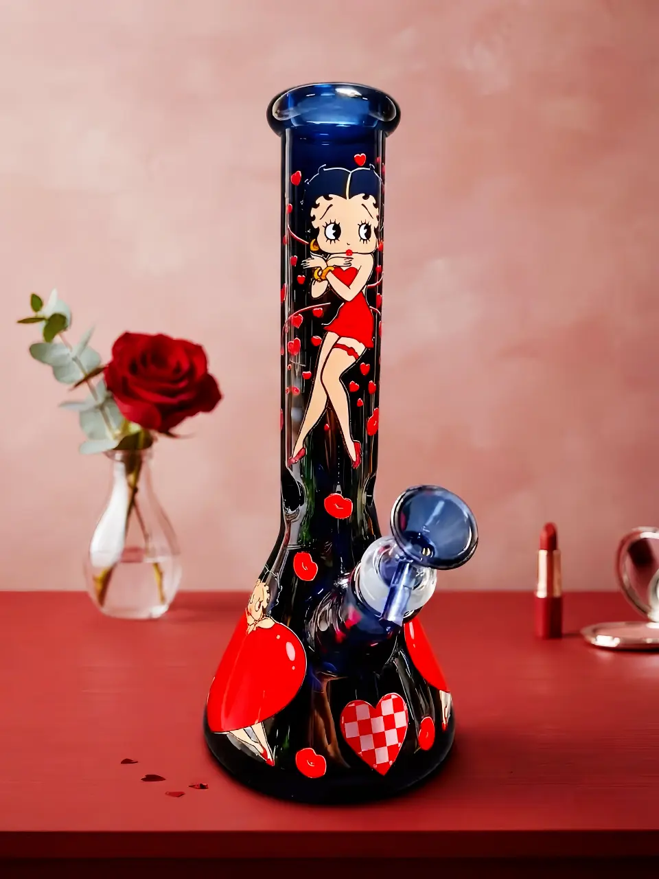 Betty Boop Red Dress Heart Lips Vintage Black Glass Bong - Image 8