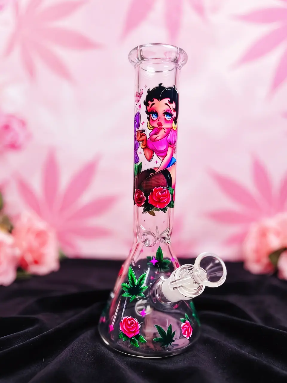 10" Betty Boop Rose & 420 Leaf Retro Beaker Glass Bong - Image 7