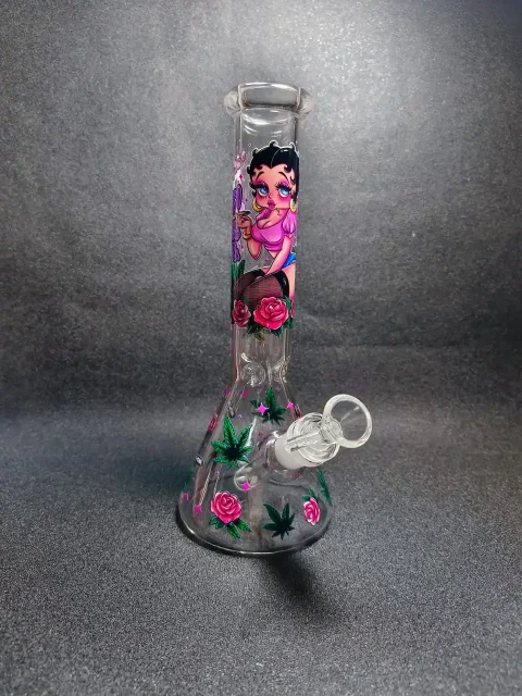 10" Betty Boop Rose & 420 Leaf Retro Beaker Glass Bong