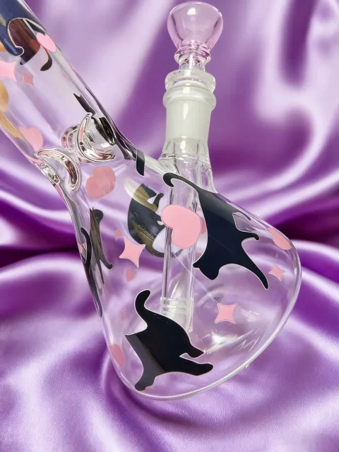 10″ Black Cat & Pink Heart Beaker Glass Bong 10" Black Cat & Pink Heart Beaker Glass Bong