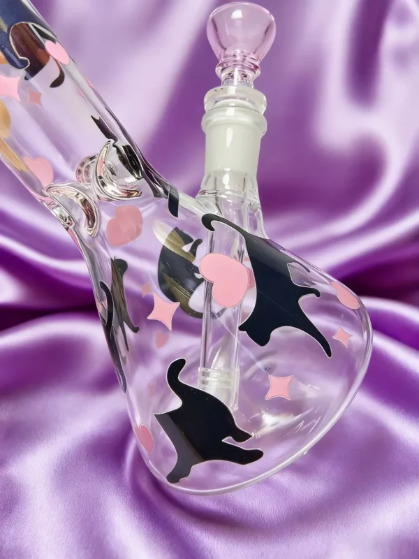 10" Black Cat & Pink Heart Beaker Glass Bong