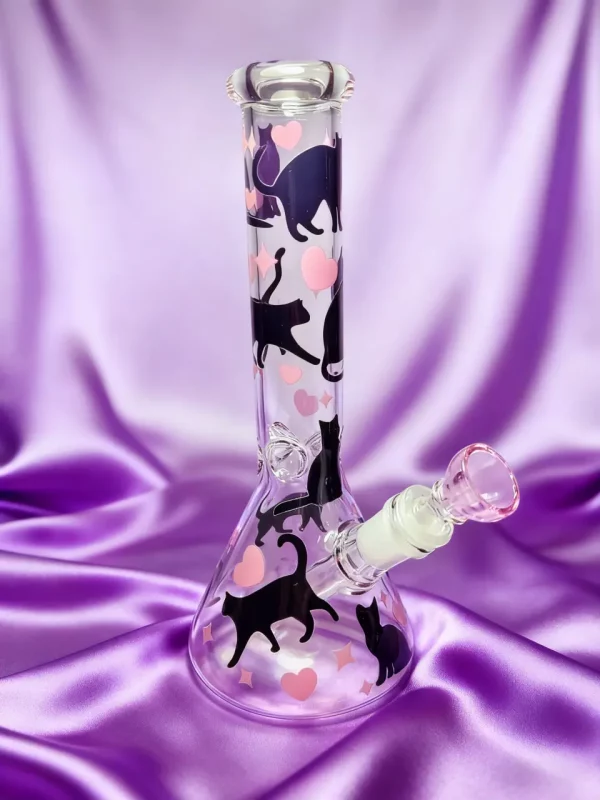 10" Black Cat & Pink Heart Beaker Glass Bong
