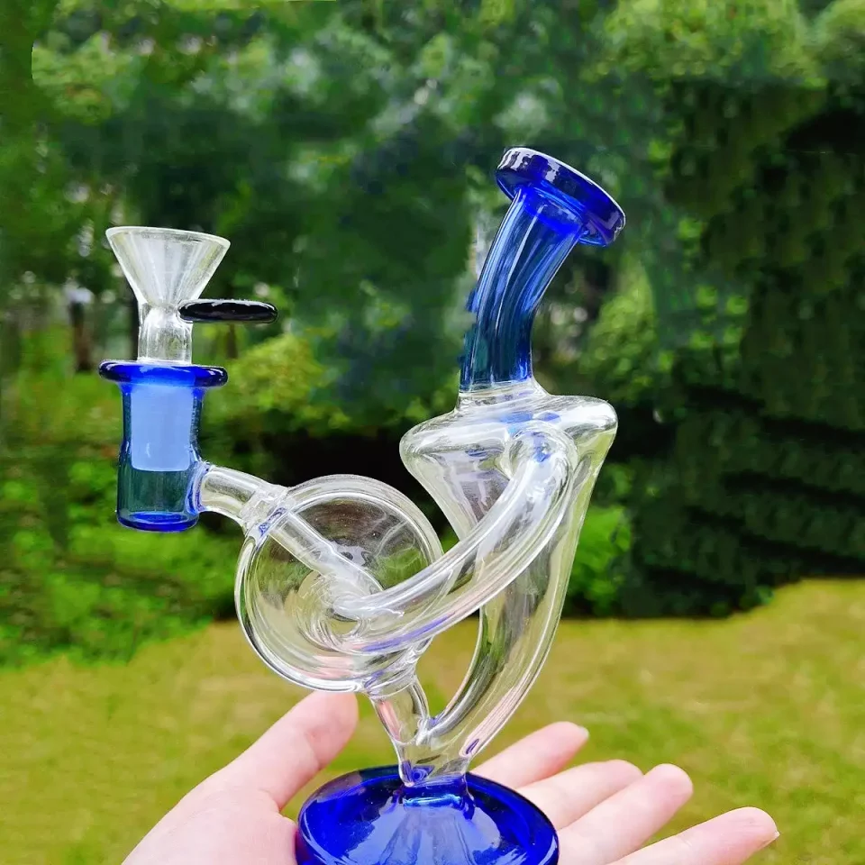 7.5" Blue Accented Recycler Glass Bong