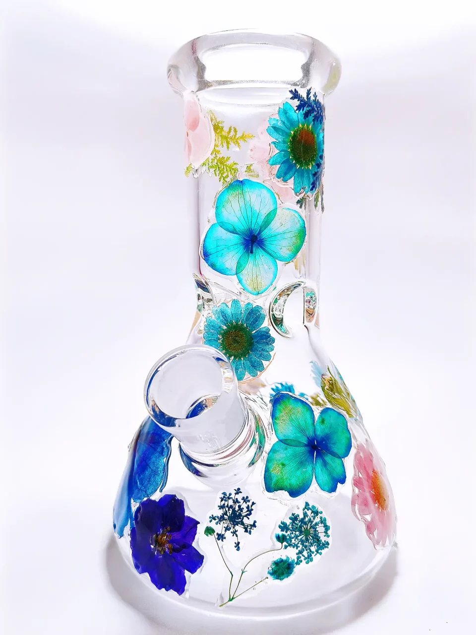 8" Blue and Pink Flowers Beaker Glass Bong