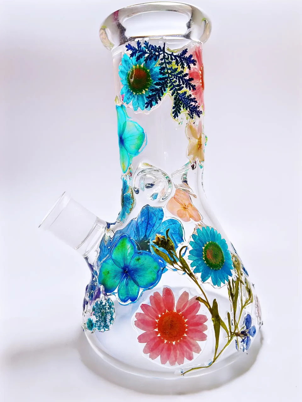 8" Blue and Pink Flowers Beaker Glass Bong